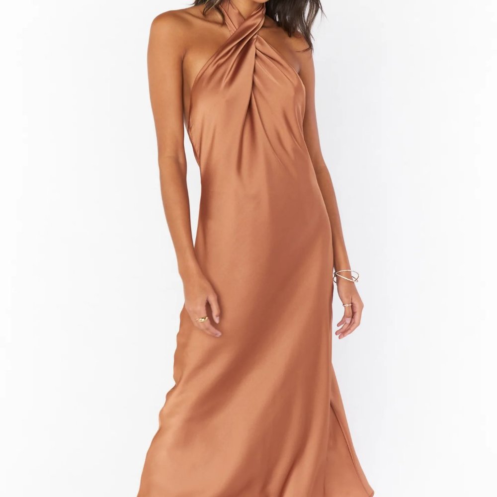 NWT Show Me Your Mumu Jasmine Halter Midi Bridesmaid Dress Copper Luxe Satin M